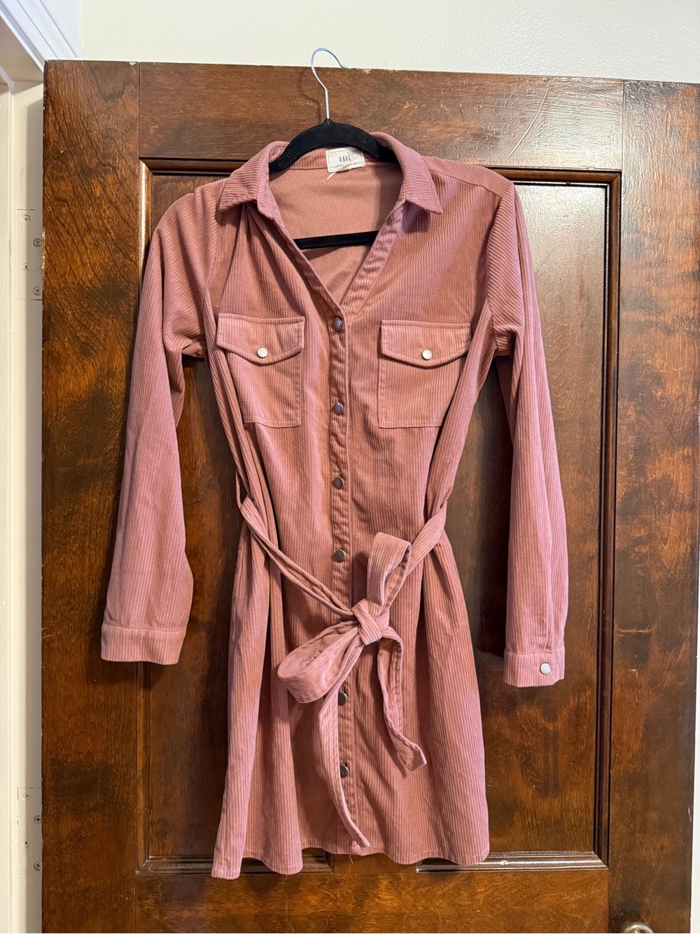 Mauve Pink Corduroy Dress with Tie Waist